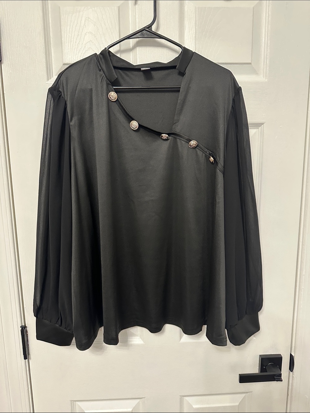 SHEIN Black Long-Sleeve V-Neck Blouse with Diagonal Button Trim